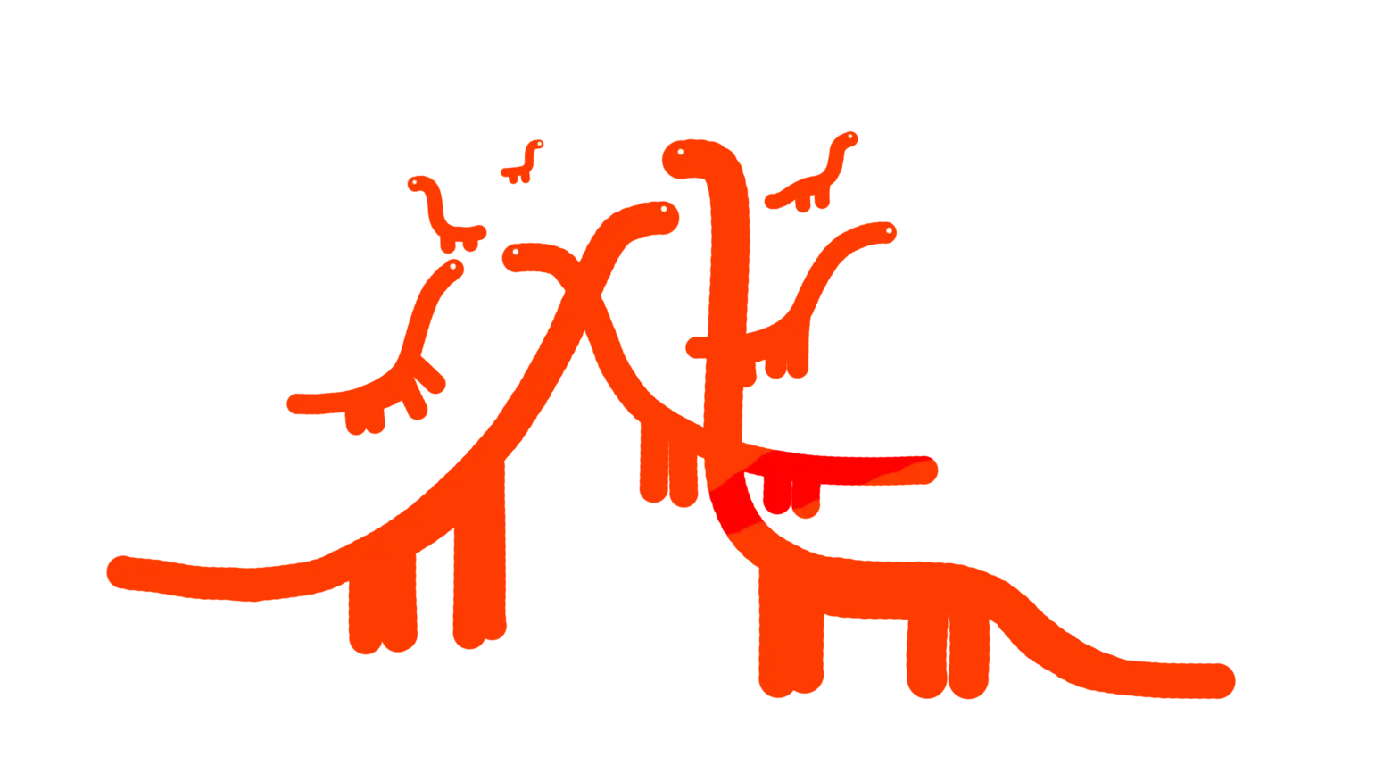 Une meute de diplodocus où chaque dinosaure est dessiné avec une brosse ronde : un trait pour le corp, quatre traits pour les jambes, un point blanc pour représenter les yeux.